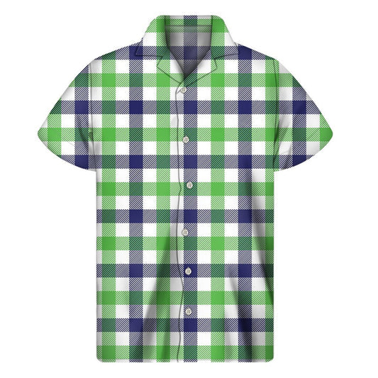 White Navy And Green Plaid Print Mens Short Sleeve Shirt Hawaiian