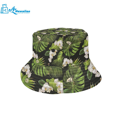 White orchid flower tropical leaves pattern blackg Unisex Bucket Hat