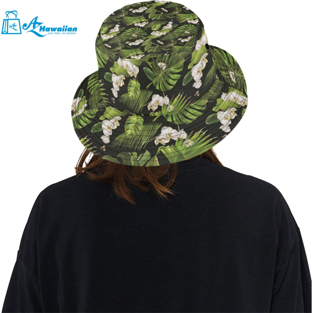 White orchid flower tropical leaves pattern blackg Unisex Bucket Hat