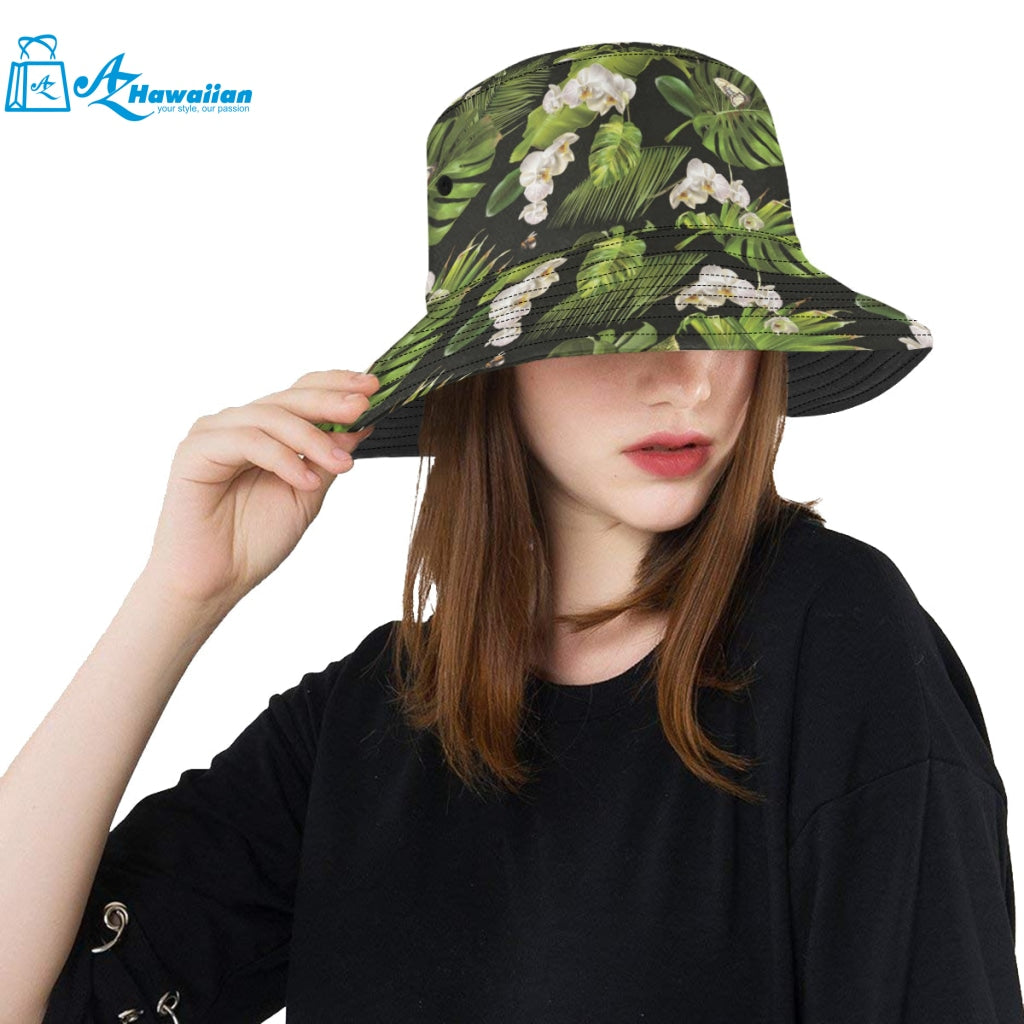 White orchid flower tropical leaves pattern blackg Unisex Bucket Hat