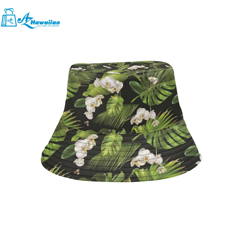 White orchid flower tropical leaves pattern blackg Unisex Bucket Hat