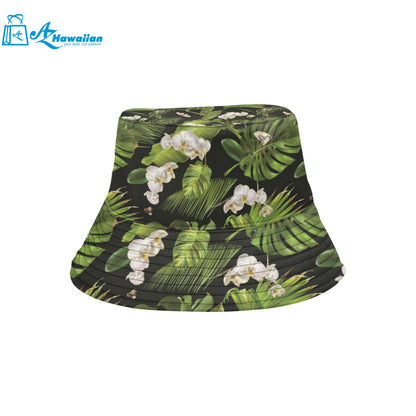 White orchid flower tropical leaves pattern blackg Unisex Bucket Hat