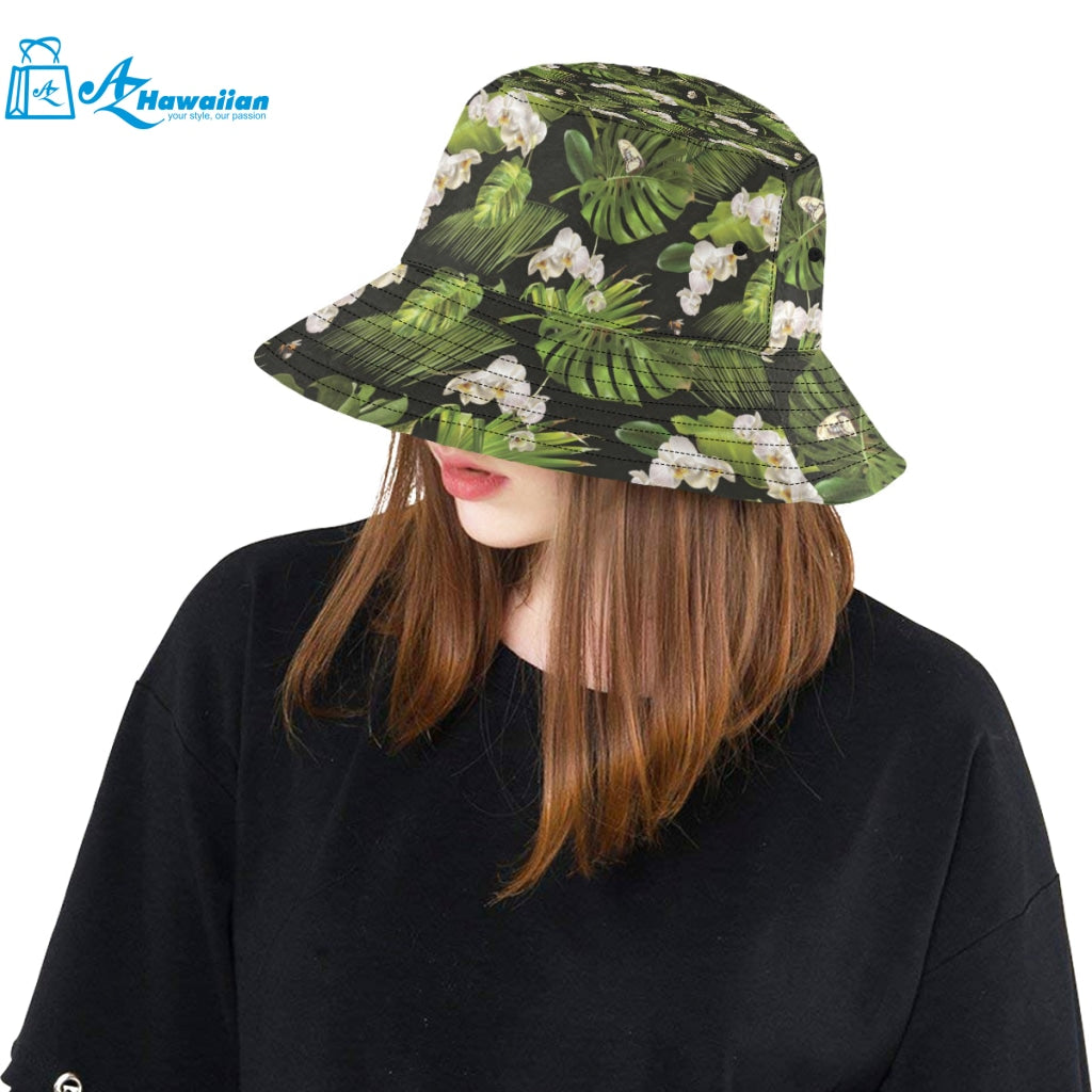 White orchid flower tropical leaves pattern blackg Unisex Bucket Hat