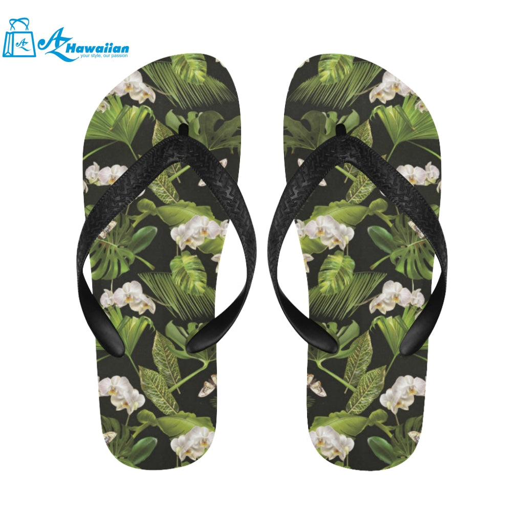 White orchid flower tropical leaves pattern blackg Unisex Flip Flops