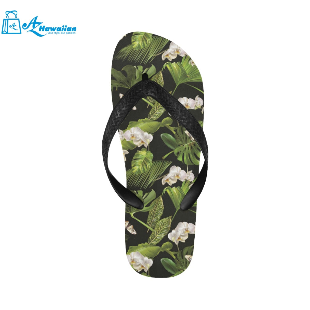 White orchid flower tropical leaves pattern blackg Unisex Flip Flops