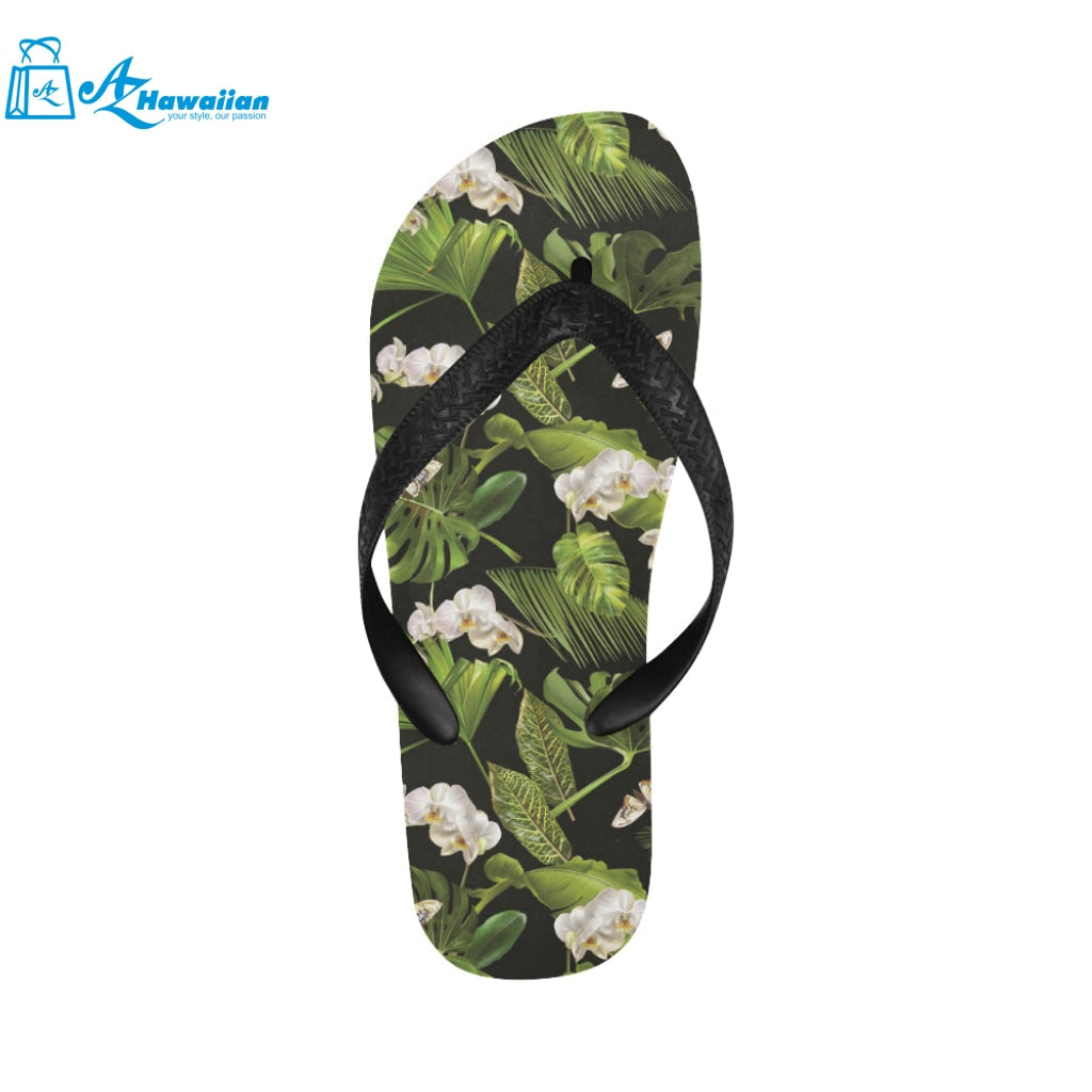 White orchid flower tropical leaves pattern blackg Unisex Flip Flops