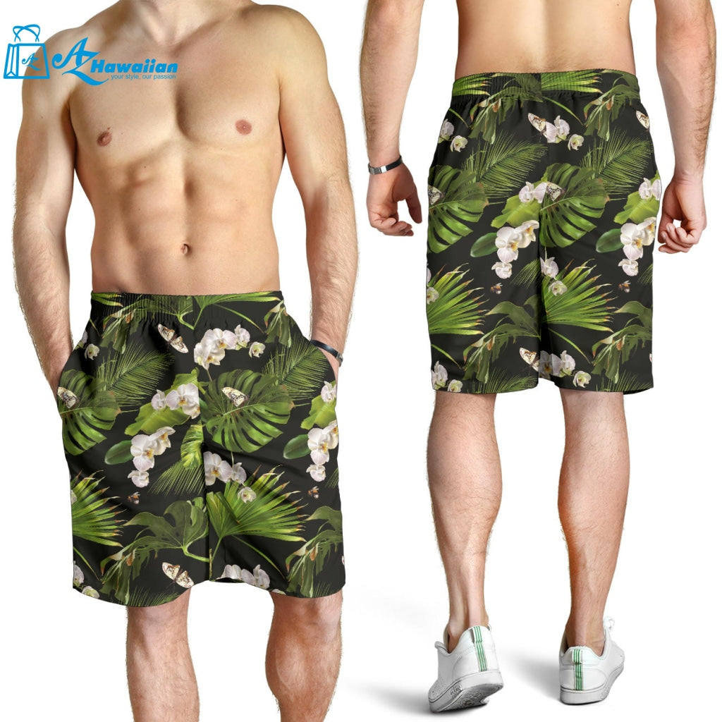 White Orchid Flower Tropical Leaves Pattern Blackground Men Shorts