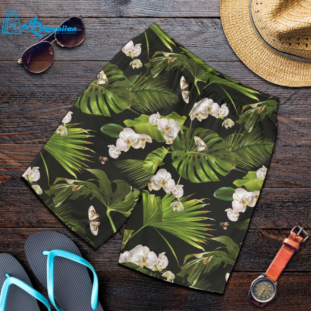 White Orchid Flower Tropical Leaves Pattern Blackground Men Shorts