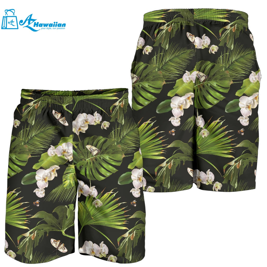 White Orchid Flower Tropical Leaves Pattern Blackground Men Shorts