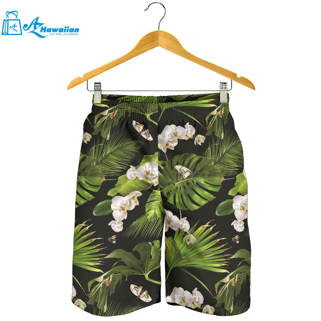 White Orchid Flower Tropical Leaves Pattern Blackground Men Shorts