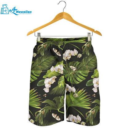 White Orchid Flower Tropical Leaves Pattern Blackground Men Shorts