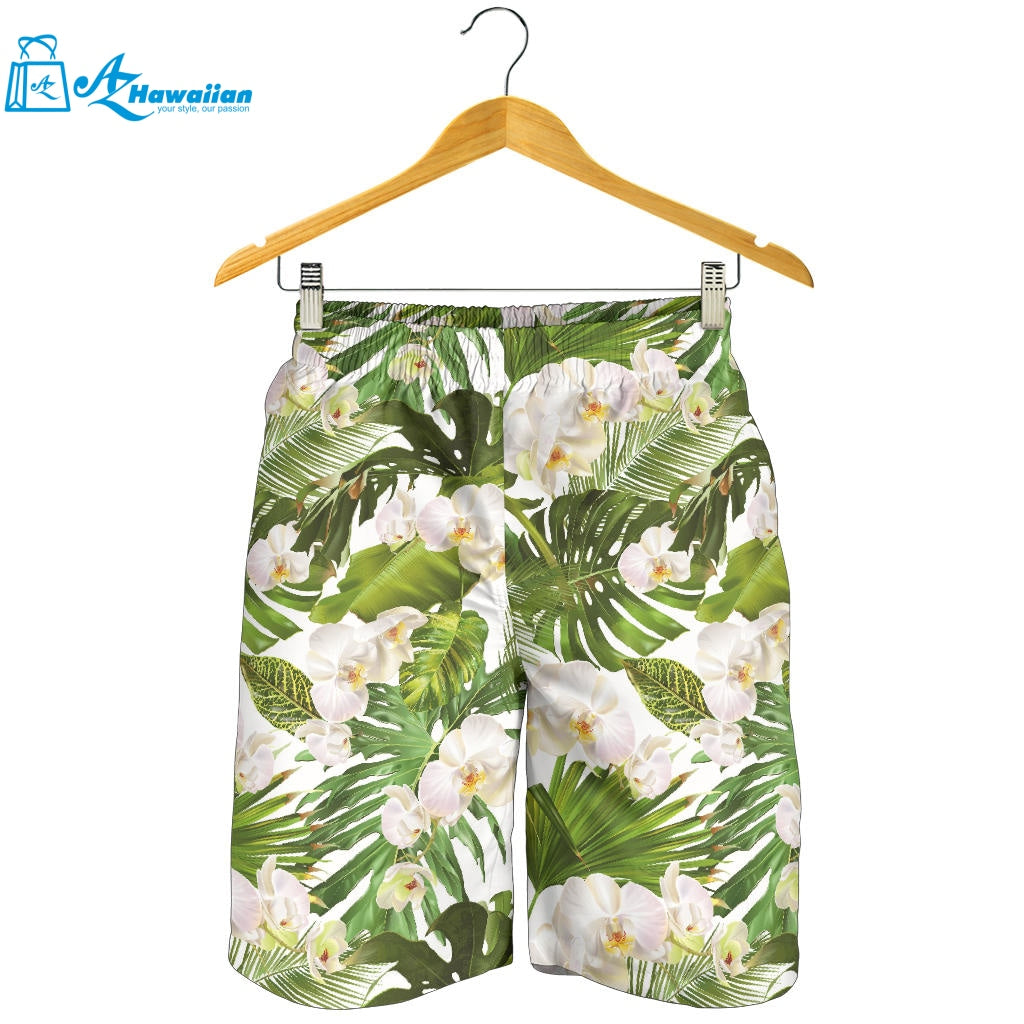 White Orchid Flower Tropical Leaves Pattern Men Shorts