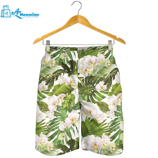 White Orchid Flower Tropical Leaves Pattern Men Shorts