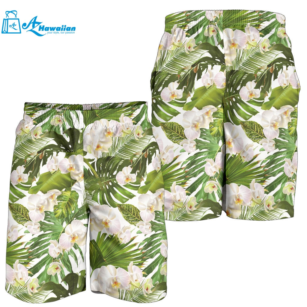 White Orchid Flower Tropical Leaves Pattern Men Shorts