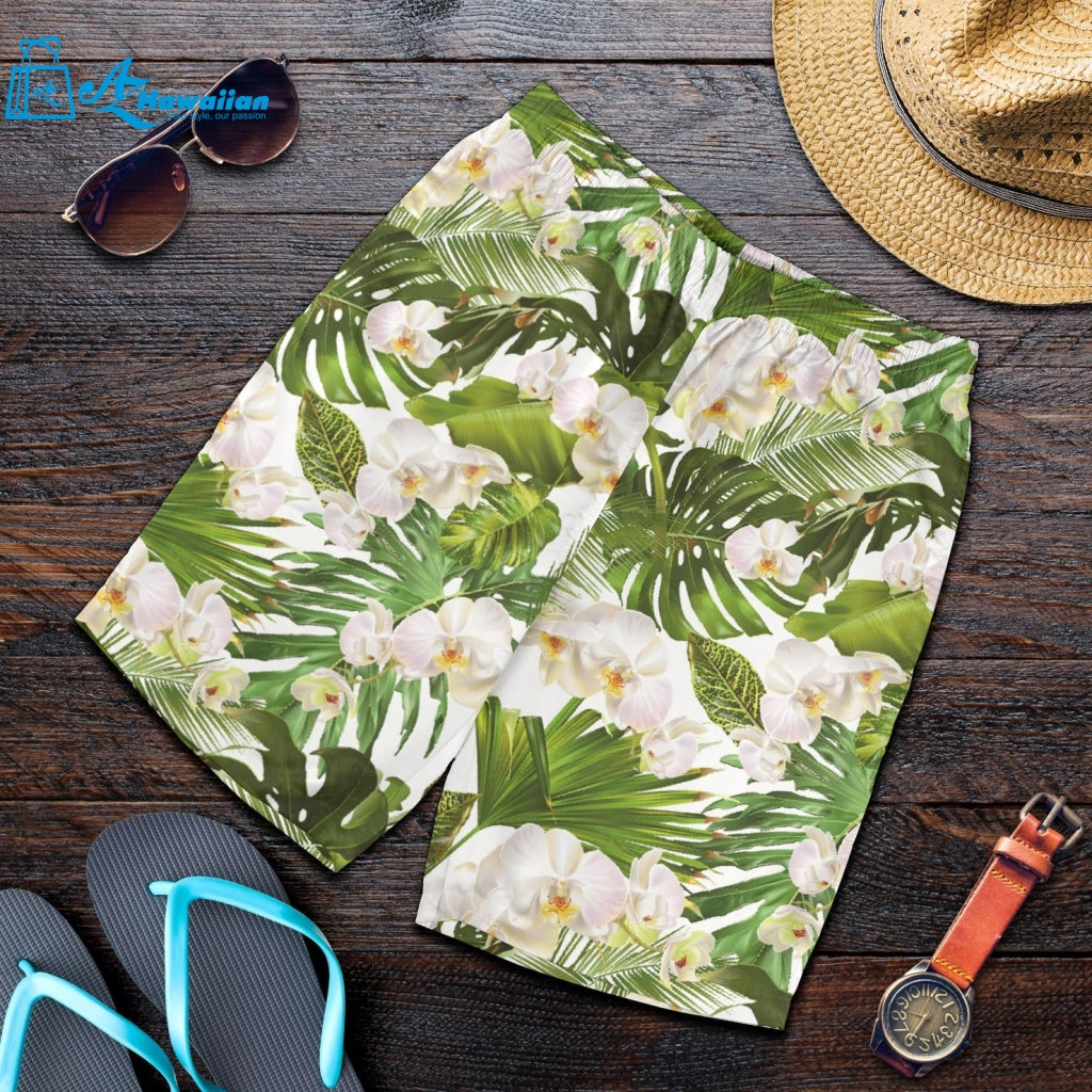 White Orchid Flower Tropical Leaves Pattern Men Shorts