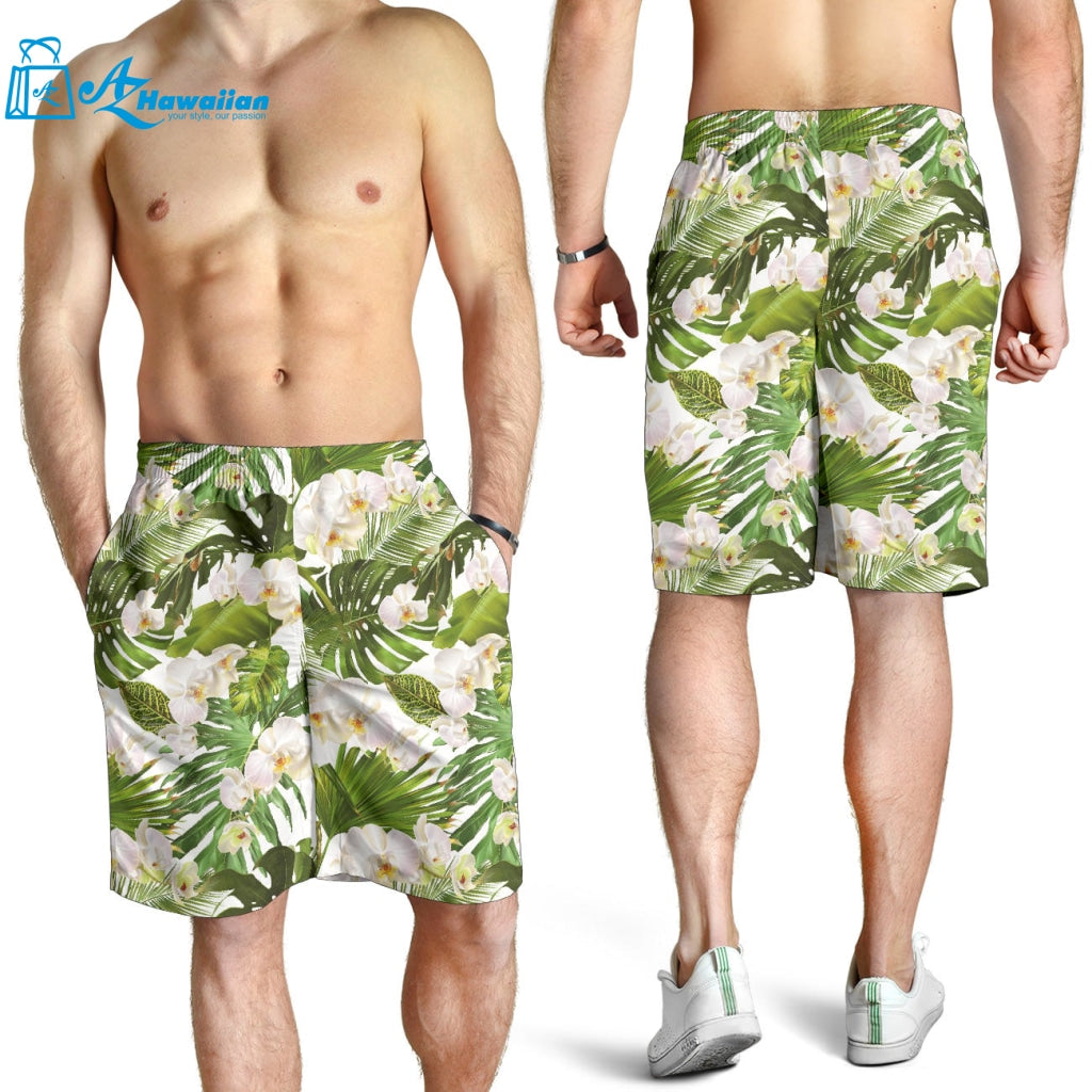 White Orchid Flower Tropical Leaves Pattern Men Shorts