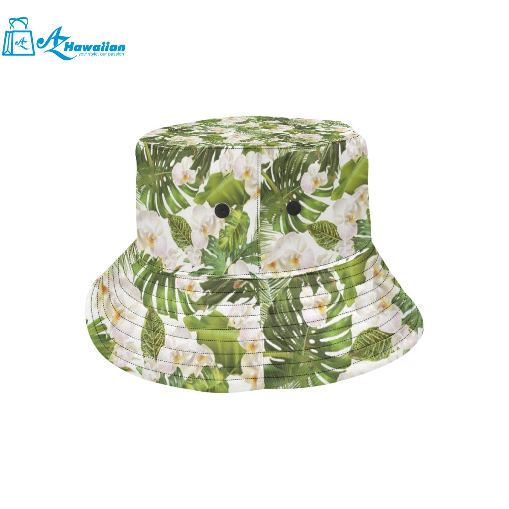 White orchid flower tropical leaves pattern Unisex Bucket Hat