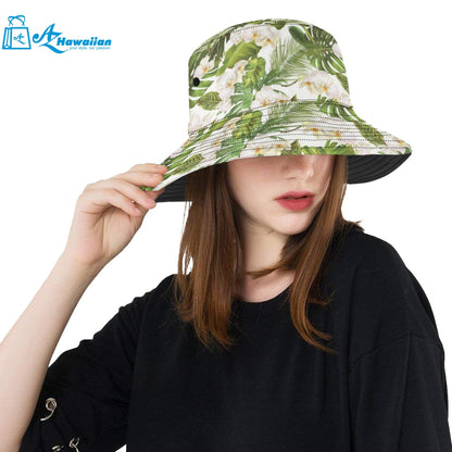 White orchid flower tropical leaves pattern Unisex Bucket Hat