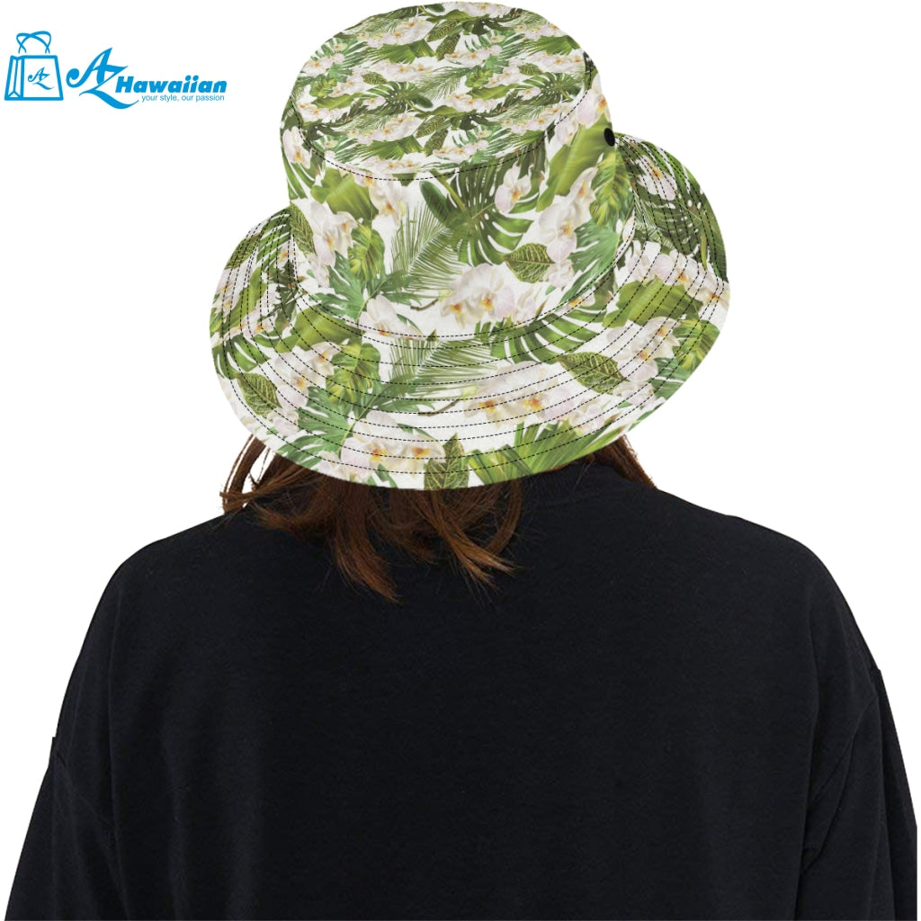 White orchid flower tropical leaves pattern Unisex Bucket Hat