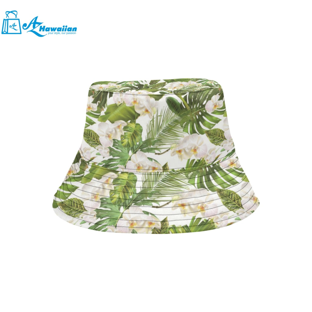 White orchid flower tropical leaves pattern Unisex Bucket Hat