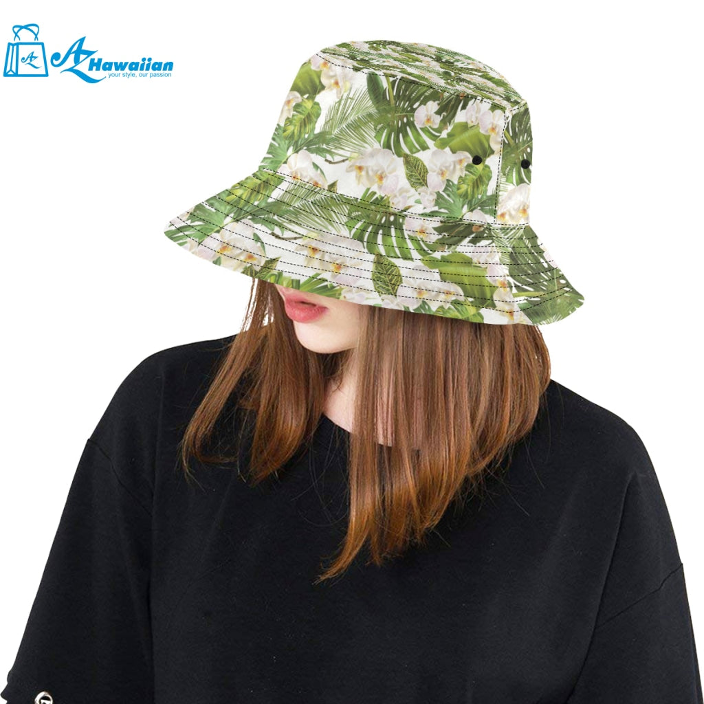 White orchid flower tropical leaves pattern Unisex Bucket Hat