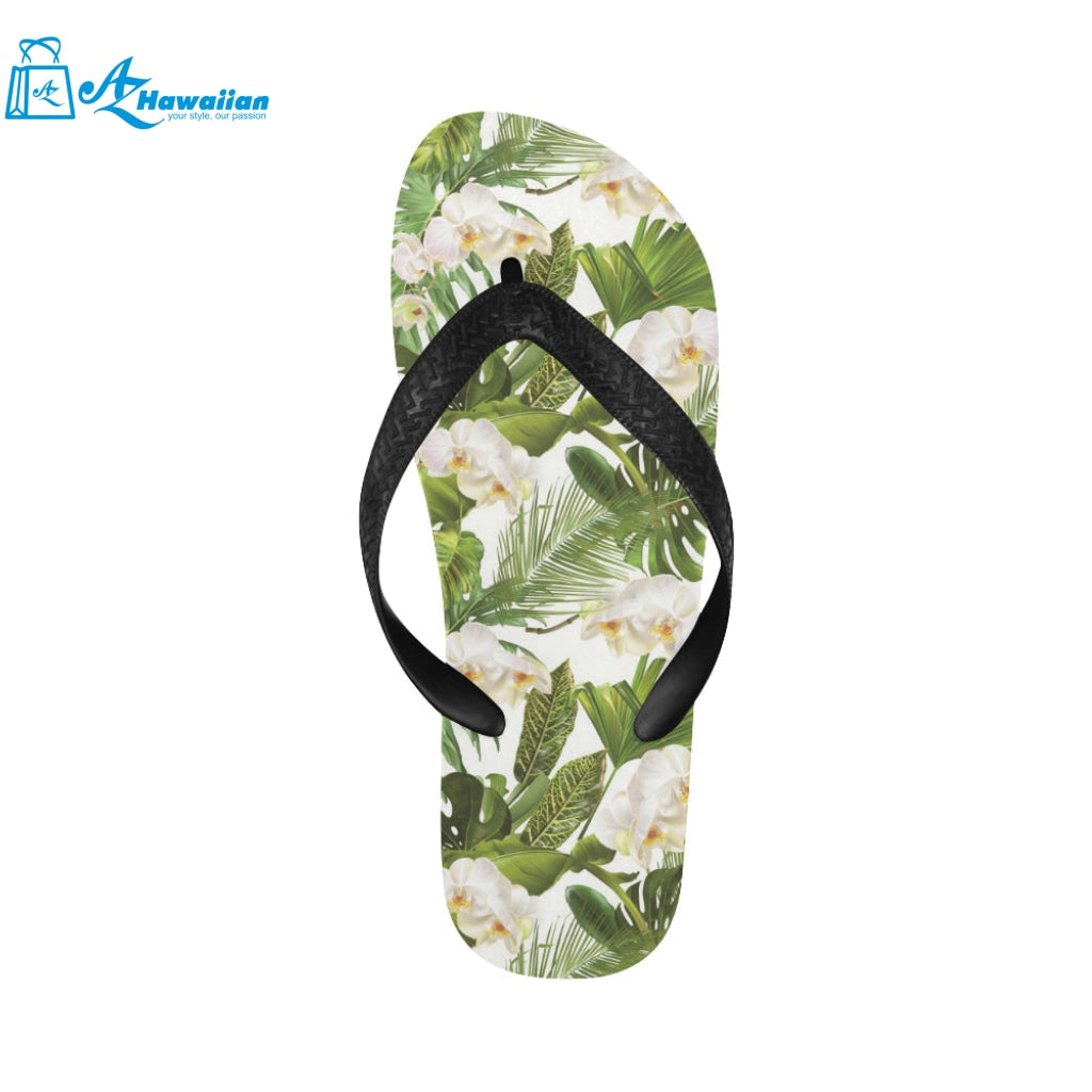 White orchid flower tropical leaves pattern Unisex Flip Flops