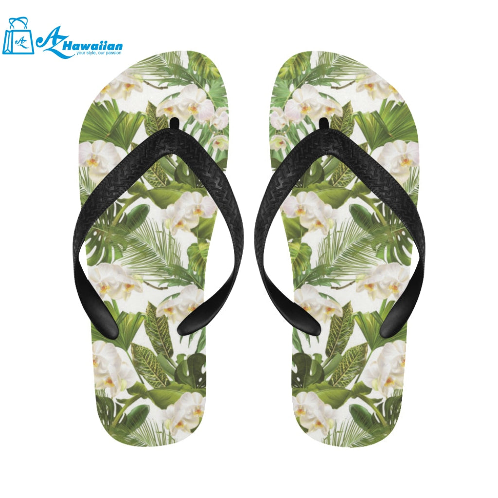 White orchid flower tropical leaves pattern Unisex Flip Flops