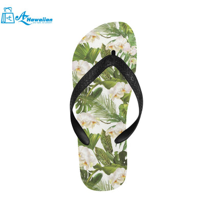 White orchid flower tropical leaves pattern Unisex Flip Flops