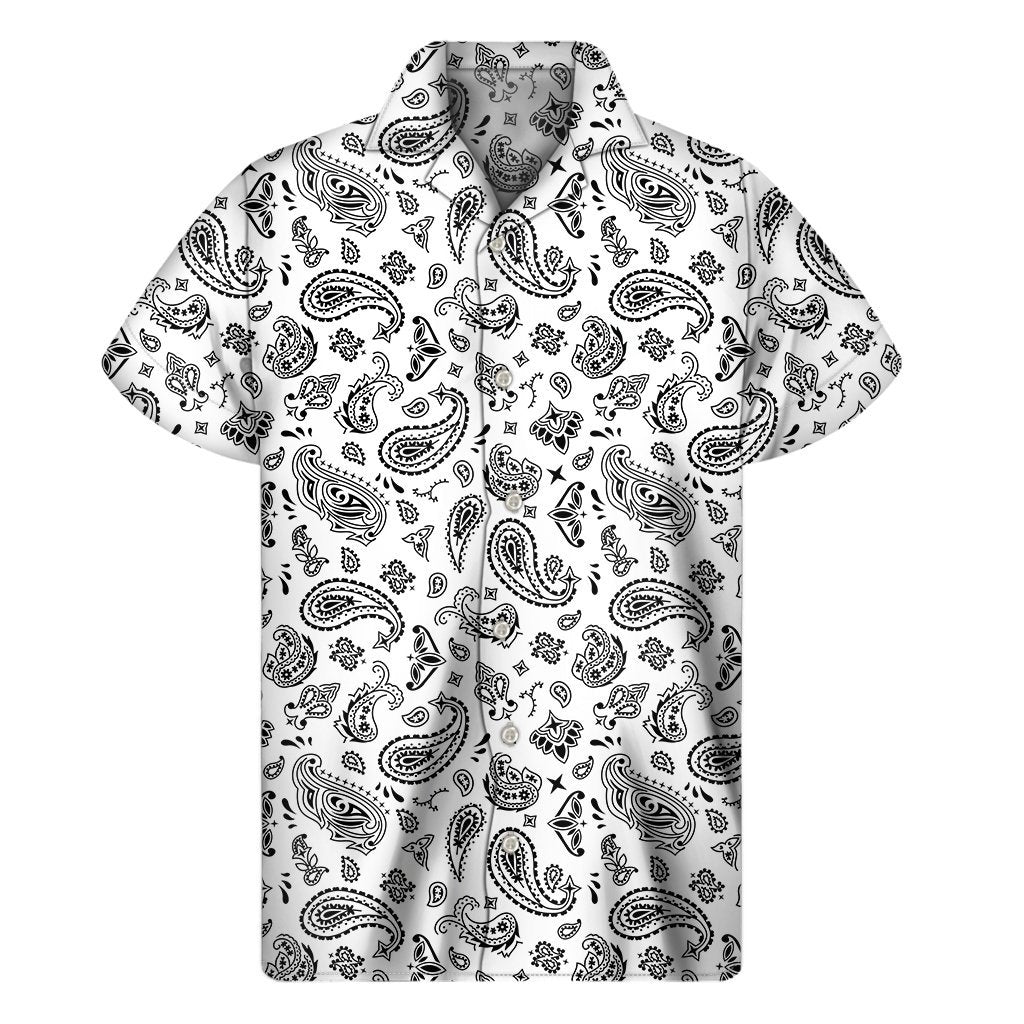 White Paisley Bandana Pattern Print Mens Short Sleeve Shirt Hawaiian