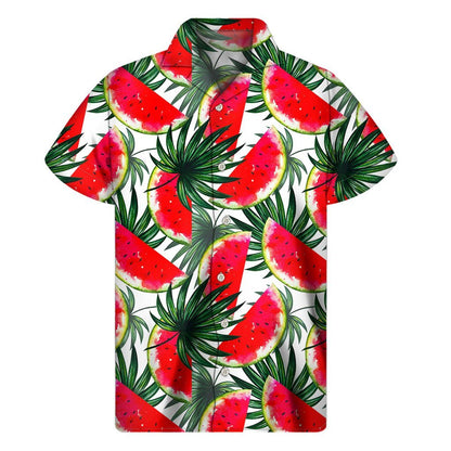 White Palm Leaf Watermelon Pattern Print Mens Short Sleeve Shirt Hawaiian