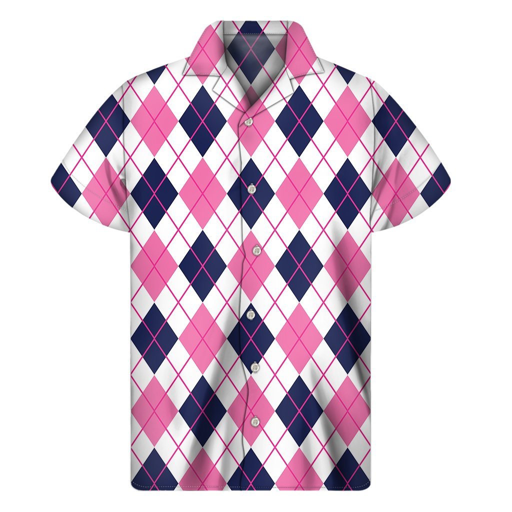 White Pink And Blue Argyle Pattern Print Mens Short Sleeve Shirt Hawaiian