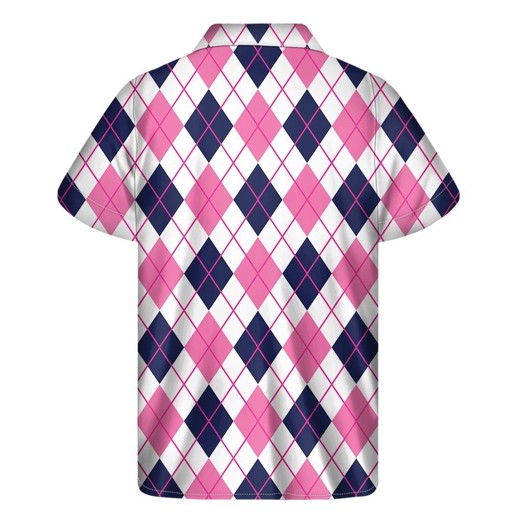 White Pink And Blue Argyle Pattern Print Mens Short Sleeve Shirt Hawaiian