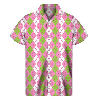 White Pink And Green Argyle Print Mens Short Sleeve Shirt Hawaiian