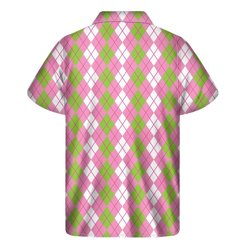 White Pink And Green Argyle Print Mens Short Sleeve Shirt Hawaiian