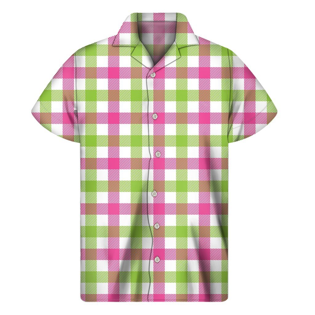 White Pink And Green Buffalo Plaid Print Mens Short Sleeve Shirt Hawaiian