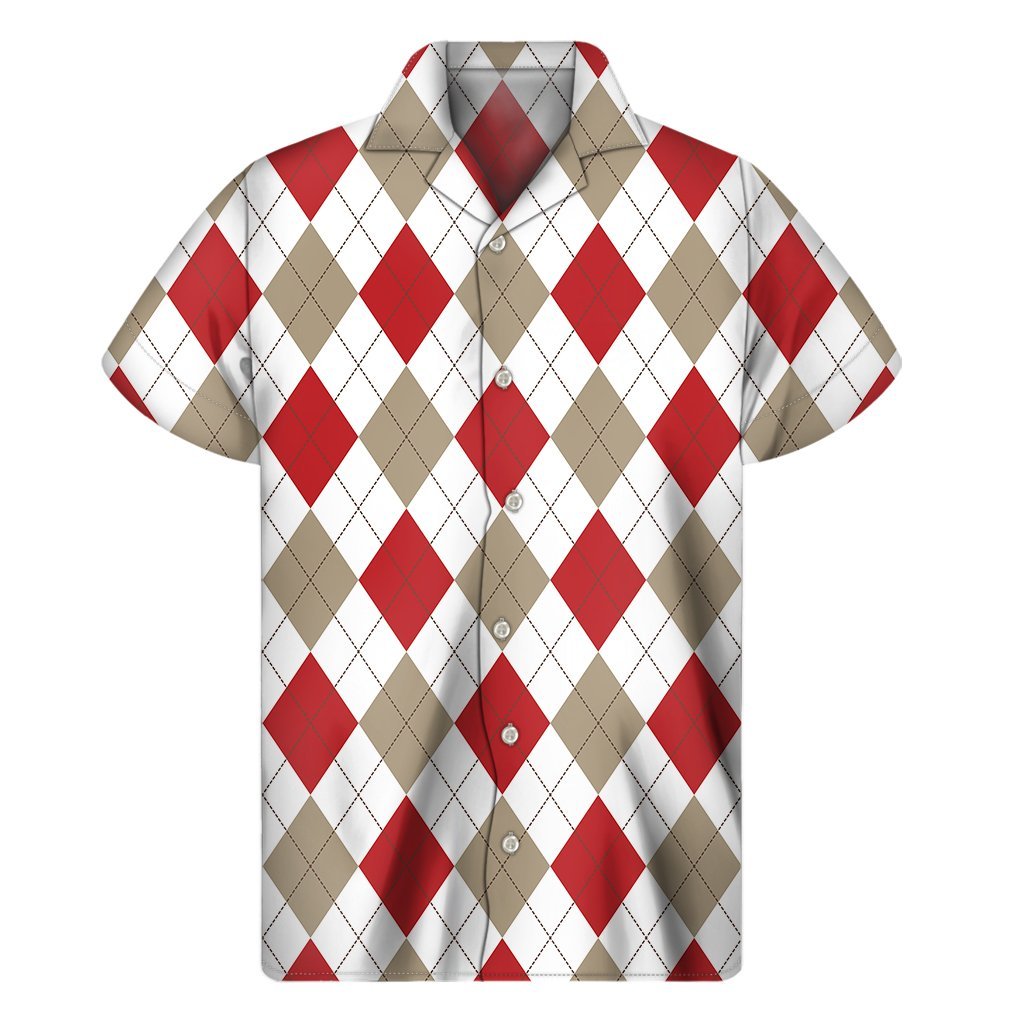 White Red And Beige Argyle Pattern Print Mens Short Sleeve Shirt Hawaiian