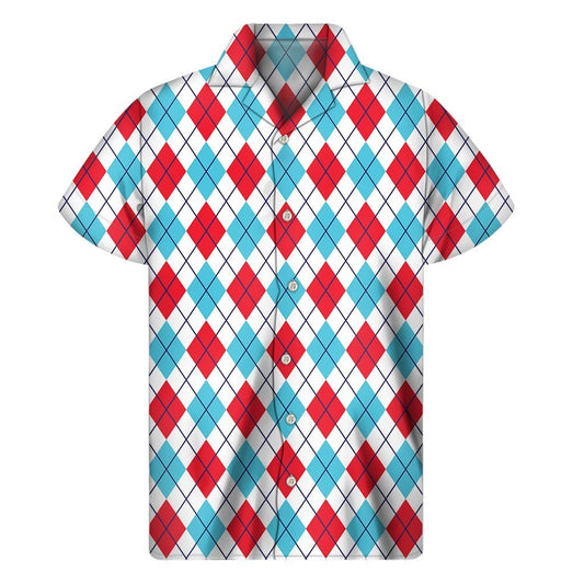 White Red And Blue Argyle Pattern Print Mens Short Sleeve Shirt Hawaiian