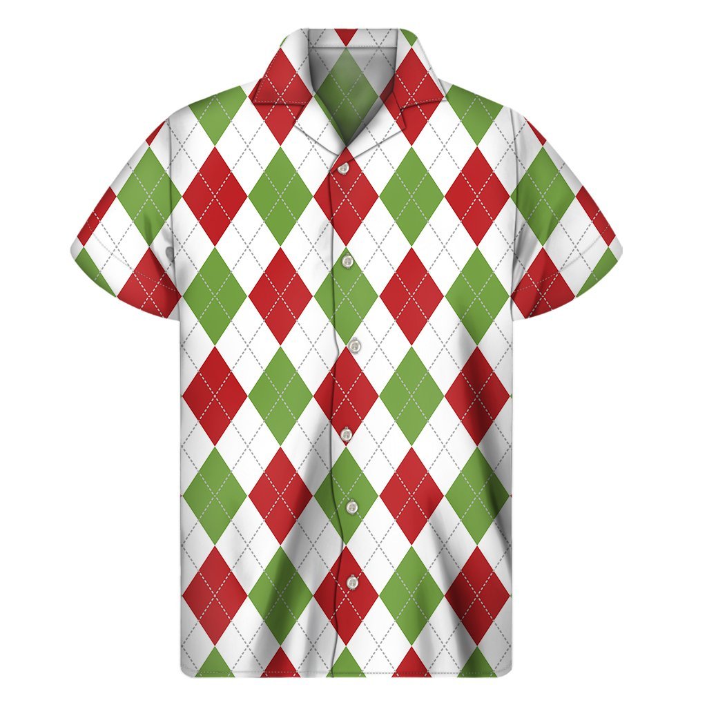 White Red And Green Argyle Pattern Print Mens Short Sleeve Shirt Hawaiian