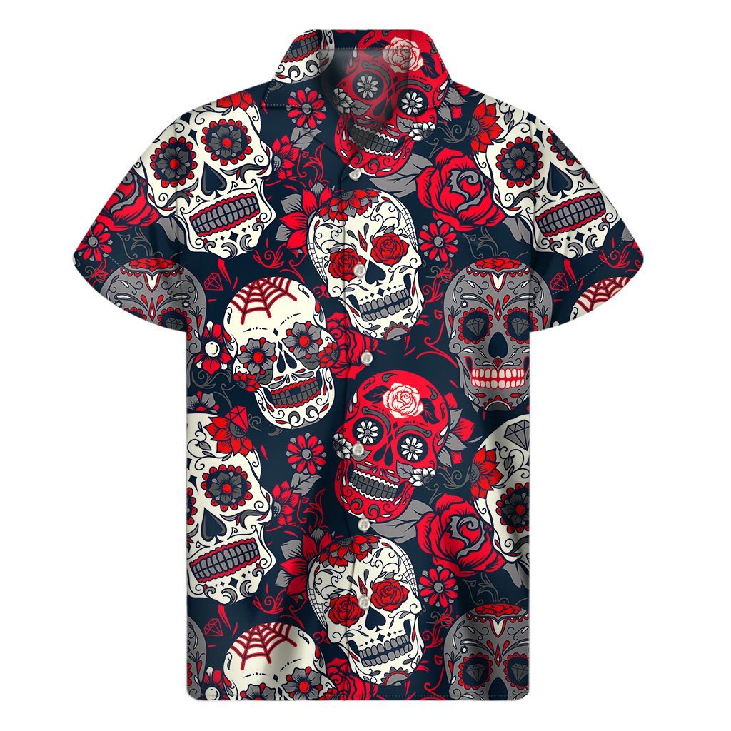 White Red Sugar Skull Pattern Print Mens Short Sleeve Shirt Hawaiian