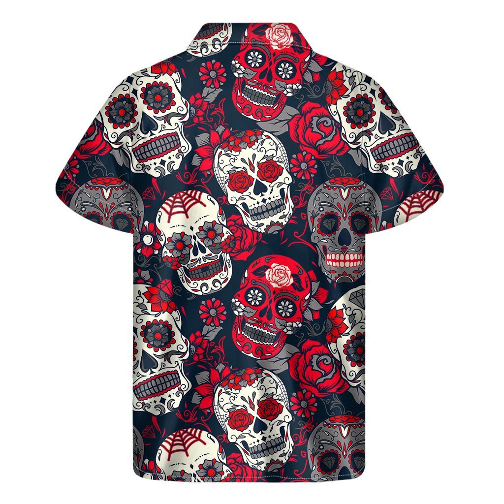 White Red Sugar Skull Pattern Print Mens Short Sleeve Shirt Hawaiian