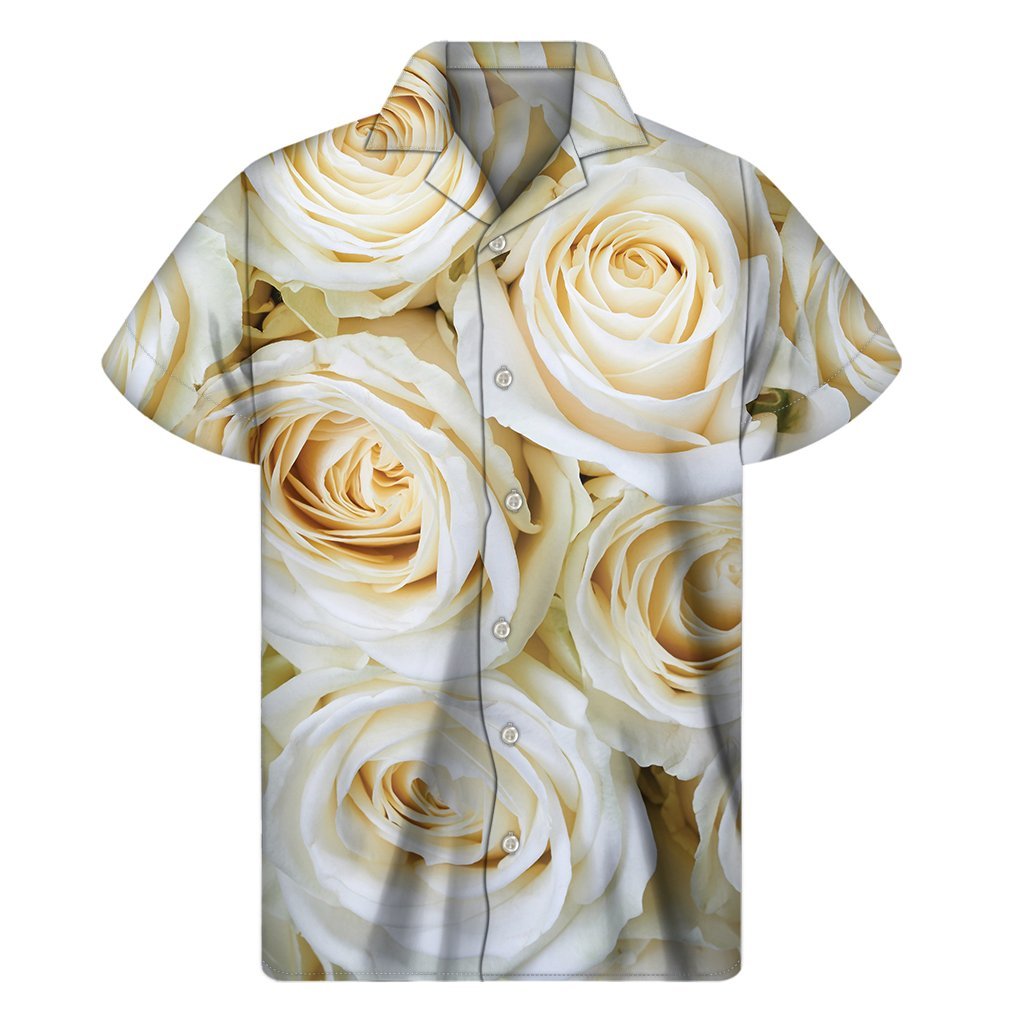 White Rose Print Mens Short Sleeve Shirt Hawaiian