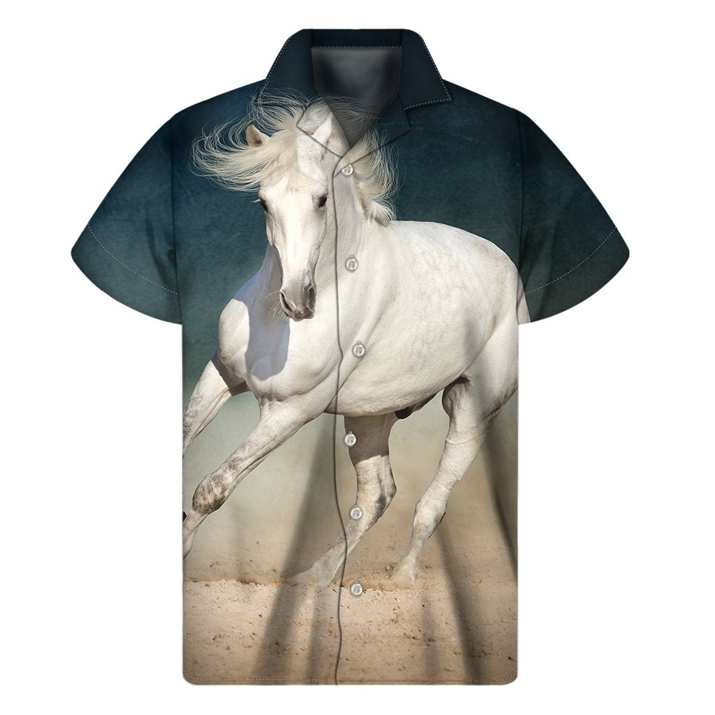 White Stallion Horse Print Mens Short Sleeve Shirt Hawaiian