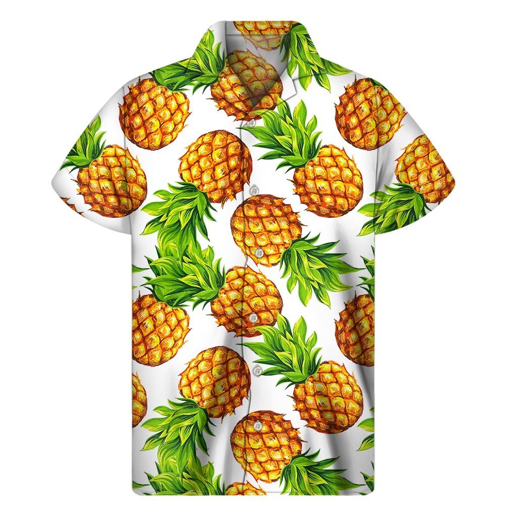 White Summer Pineapple Pattern Print Mens Short Sleeve Shirt Hawaiian