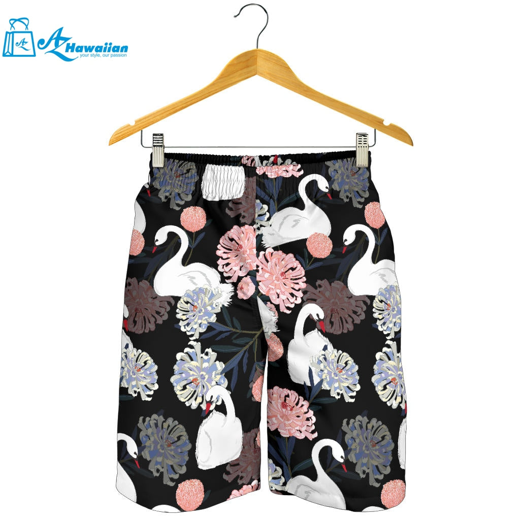 White Swan Blooming Flower Pattern Men Shorts