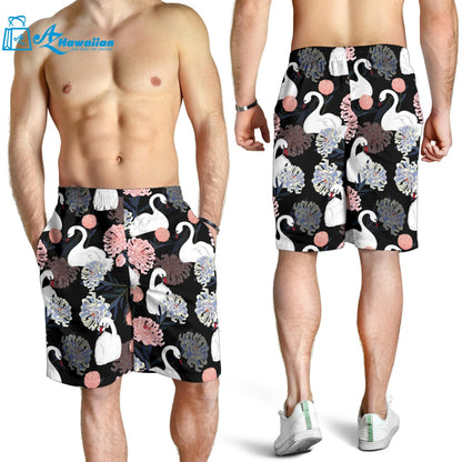 White Swan Blooming Flower Pattern Men Shorts