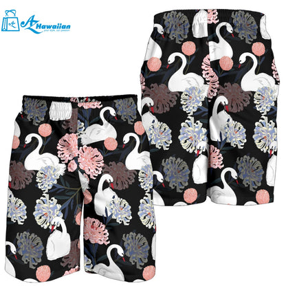 White Swan Blooming Flower Pattern Men Shorts