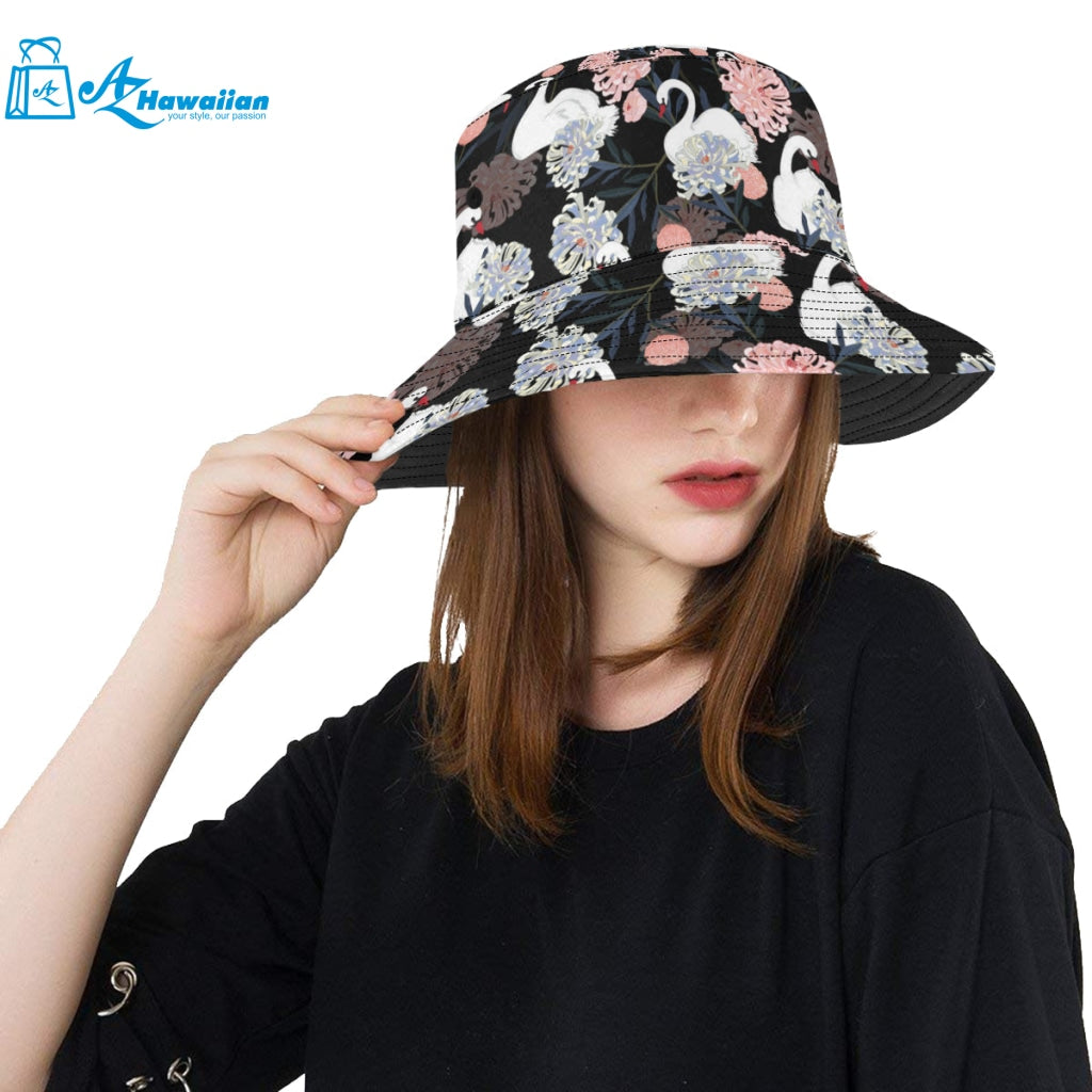 white swan blooming flower pattern Unisex Bucket Hat