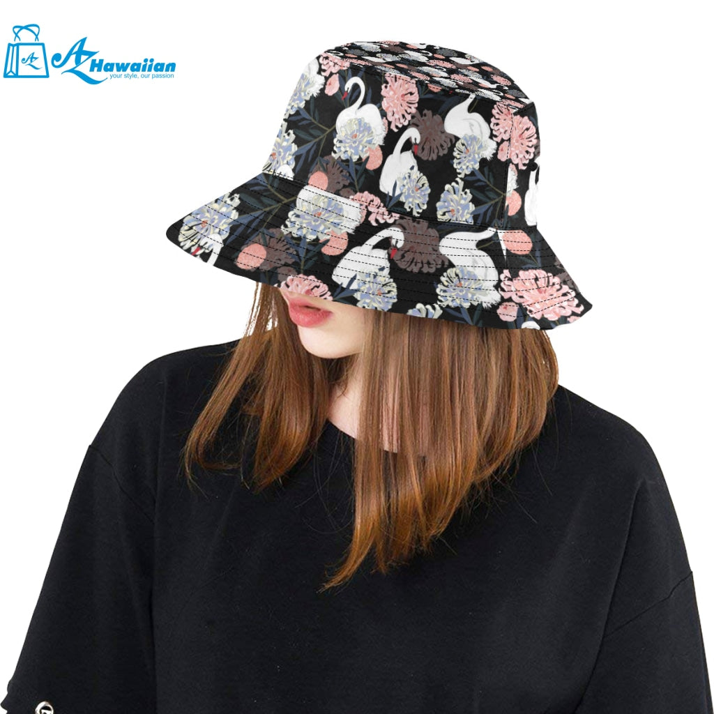 white swan blooming flower pattern Unisex Bucket Hat