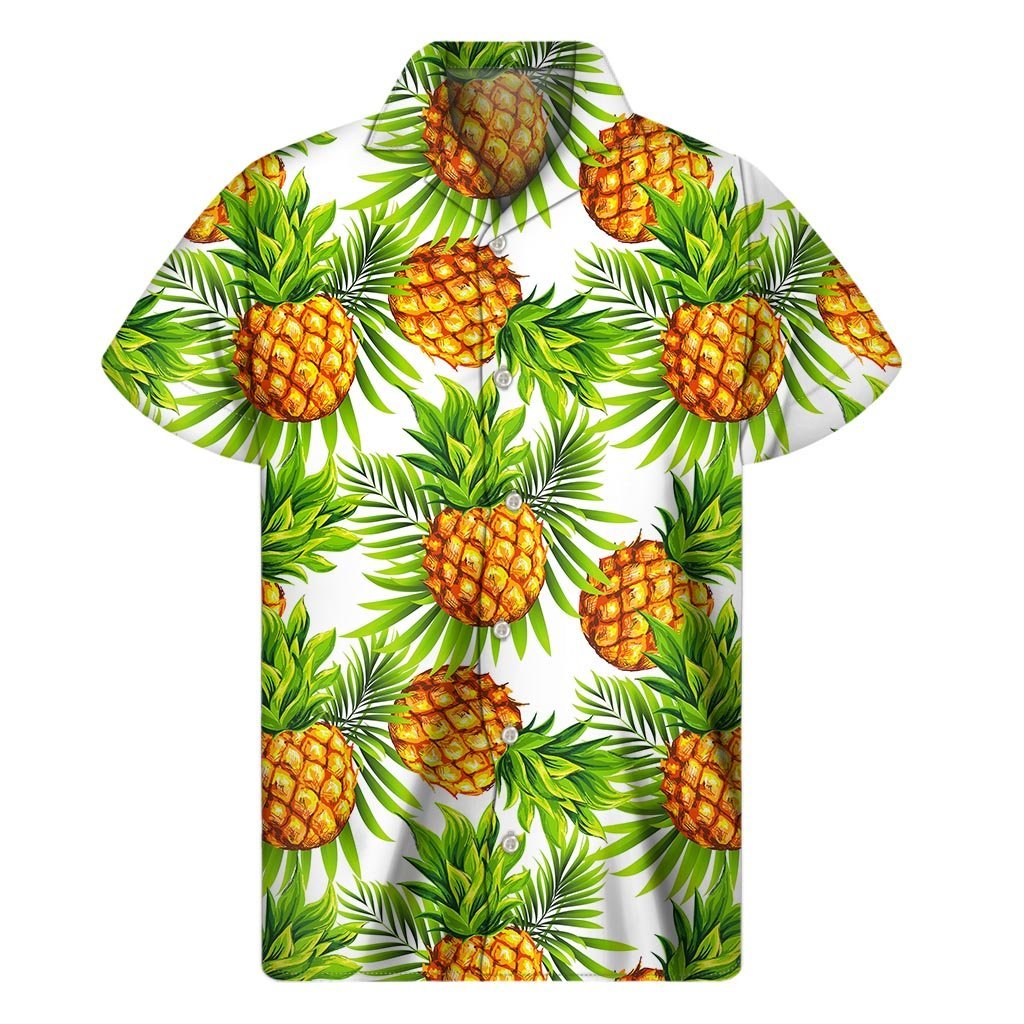 White Tropical Pineapple Pattern Print Mens Short Sleeve Shirt Hawaiian