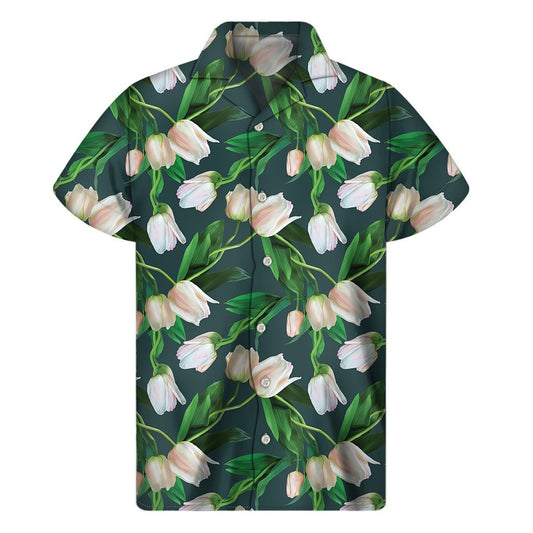 White Tulip Pattern Print Mens Short Sleeve Shirt Hawaiian